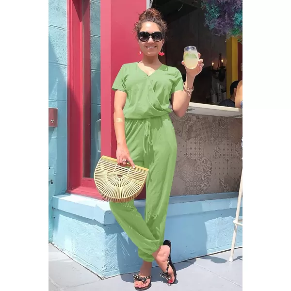 imagePRETTYGARDEN Womens Summer Casual Deep V Neck Short Sleeve Wrap Drawstring Waist Jumpsuit RomperLight Green