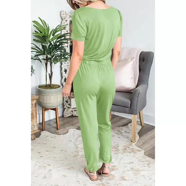 imagePRETTYGARDEN Womens Summer Casual Deep V Neck Short Sleeve Wrap Drawstring Waist Jumpsuit RomperLight Green