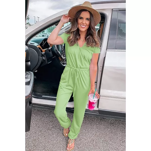 imagePRETTYGARDEN Womens Summer Casual Deep V Neck Short Sleeve Wrap Drawstring Waist Jumpsuit RomperLight Green