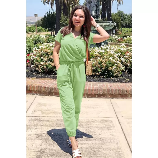 imagePRETTYGARDEN Womens Summer Casual Deep V Neck Short Sleeve Wrap Drawstring Waist Jumpsuit RomperLight Green
