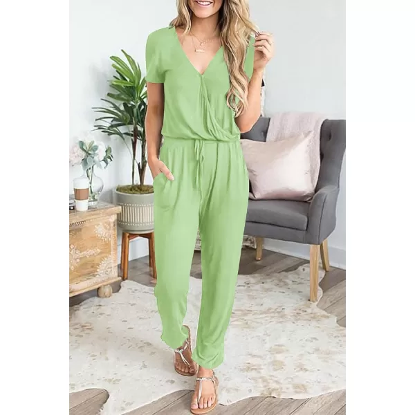 imagePRETTYGARDEN Womens Summer Casual Deep V Neck Short Sleeve Wrap Drawstring Waist Jumpsuit RomperLight Green