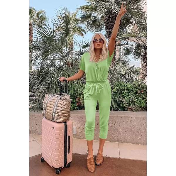imagePRETTYGARDEN Womens Summer Casual Deep V Neck Short Sleeve Wrap Drawstring Waist Jumpsuit RomperLight Green