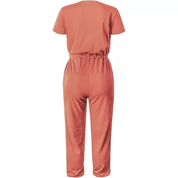 imagePRETTYGARDEN Womens Summer Casual Deep V Neck Short Sleeve Wrap Drawstring Waist Jumpsuit RomperLight Pink
