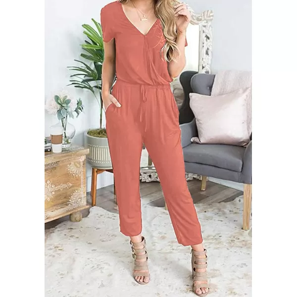 imagePRETTYGARDEN Womens Summer Casual Deep V Neck Short Sleeve Wrap Drawstring Waist Jumpsuit RomperLight Pink