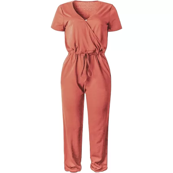 imagePRETTYGARDEN Womens Summer Casual Deep V Neck Short Sleeve Wrap Drawstring Waist Jumpsuit RomperLight Pink