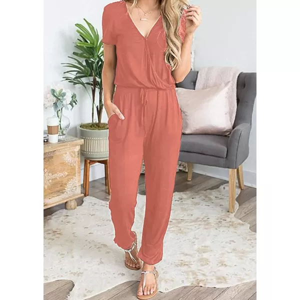 imagePRETTYGARDEN Womens Summer Casual Deep V Neck Short Sleeve Wrap Drawstring Waist Jumpsuit RomperLight Pink
