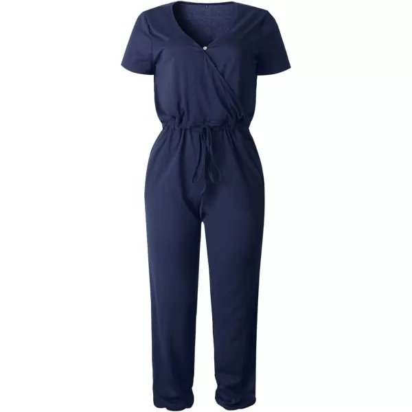 imagePRETTYGARDEN Womens Summer Casual Deep V Neck Short Sleeve Wrap Drawstring Waist Jumpsuit RomperNavy