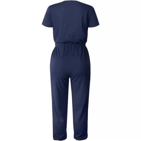 imagePRETTYGARDEN Womens Summer Casual Deep V Neck Short Sleeve Wrap Drawstring Waist Jumpsuit RomperNavy