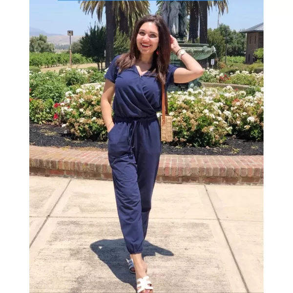 imagePRETTYGARDEN Womens Summer Casual Deep V Neck Short Sleeve Wrap Drawstring Waist Jumpsuit RomperNavy