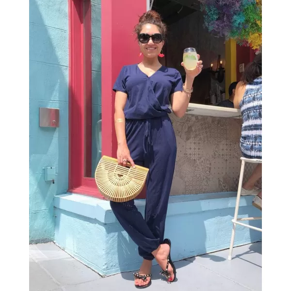 imagePRETTYGARDEN Womens Summer Casual Deep V Neck Short Sleeve Wrap Drawstring Waist Jumpsuit RomperNavy