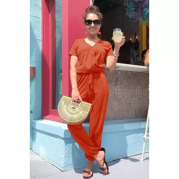 imagePRETTYGARDEN Womens Summer Casual Deep V Neck Short Sleeve Wrap Drawstring Waist Jumpsuit RomperOrange Red