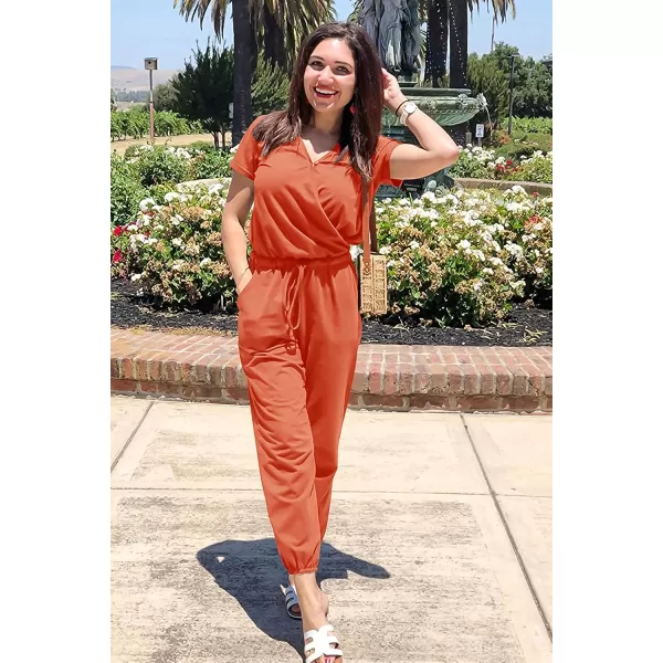 imagePRETTYGARDEN Womens Summer Casual Deep V Neck Short Sleeve Wrap Drawstring Waist Jumpsuit RomperOrange Red
