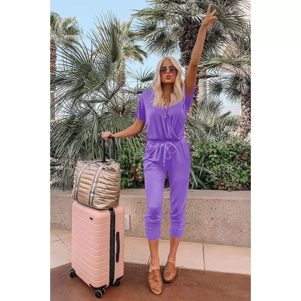 imagePRETTYGARDEN Womens Summer Casual Deep V Neck Short Sleeve Wrap Drawstring Waist Jumpsuit RomperPurple