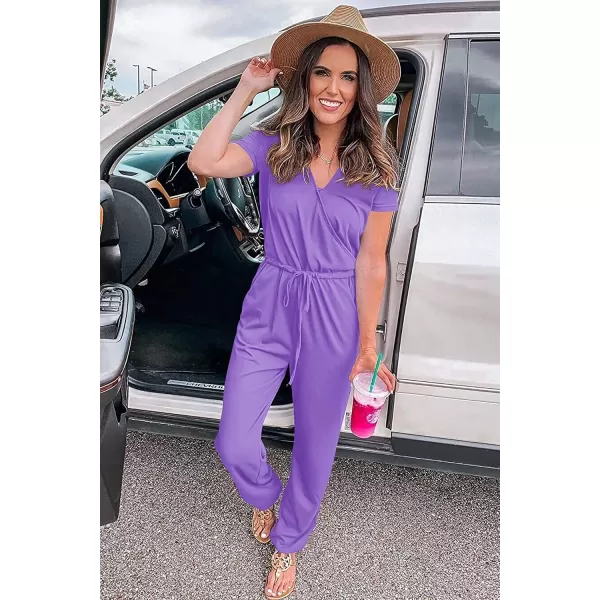 imagePRETTYGARDEN Womens Summer Casual Deep V Neck Short Sleeve Wrap Drawstring Waist Jumpsuit RomperPurple