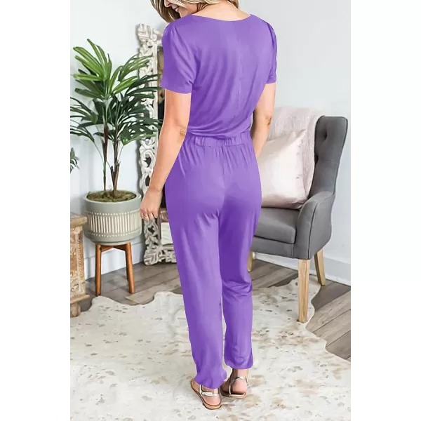 imagePRETTYGARDEN Womens Summer Casual Deep V Neck Short Sleeve Wrap Drawstring Waist Jumpsuit RomperPurple