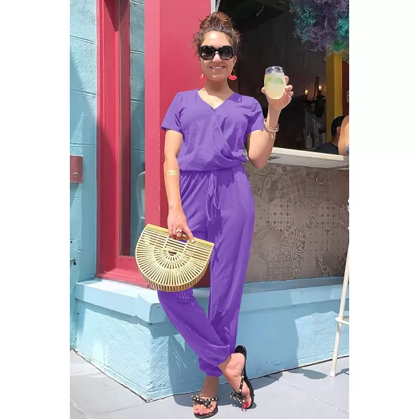 imagePRETTYGARDEN Womens Summer Casual Deep V Neck Short Sleeve Wrap Drawstring Waist Jumpsuit RomperPurple