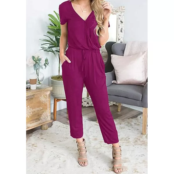 imagePRETTYGARDEN Womens Summer Casual Deep V Neck Short Sleeve Wrap Drawstring Waist Jumpsuit RomperPurple Red