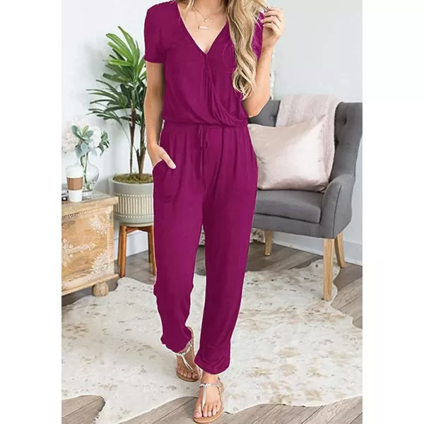 imagePRETTYGARDEN Womens Summer Casual Deep V Neck Short Sleeve Wrap Drawstring Waist Jumpsuit RomperPurple Red