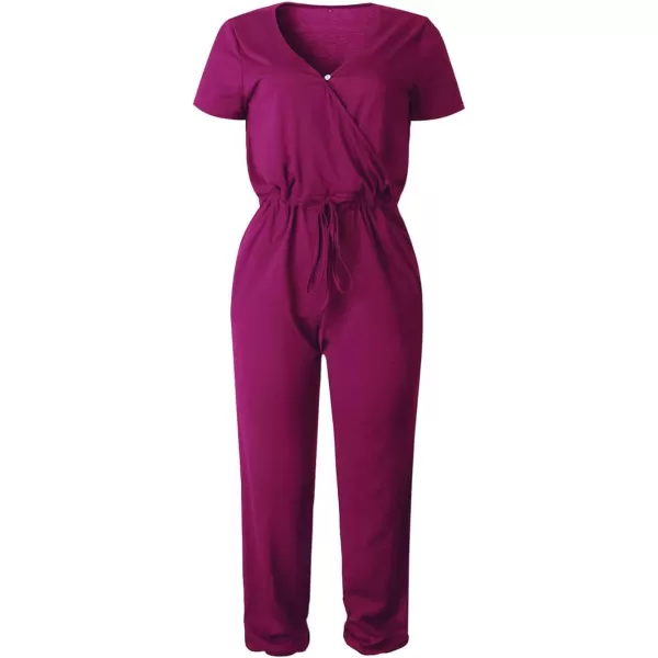 imagePRETTYGARDEN Womens Summer Casual Deep V Neck Short Sleeve Wrap Drawstring Waist Jumpsuit RomperPurple Red