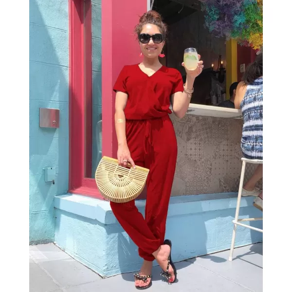 imagePRETTYGARDEN Womens Summer Casual Deep V Neck Short Sleeve Wrap Drawstring Waist Jumpsuit RomperRed