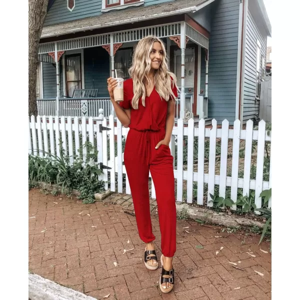 imagePRETTYGARDEN Womens Summer Casual Deep V Neck Short Sleeve Wrap Drawstring Waist Jumpsuit RomperRed