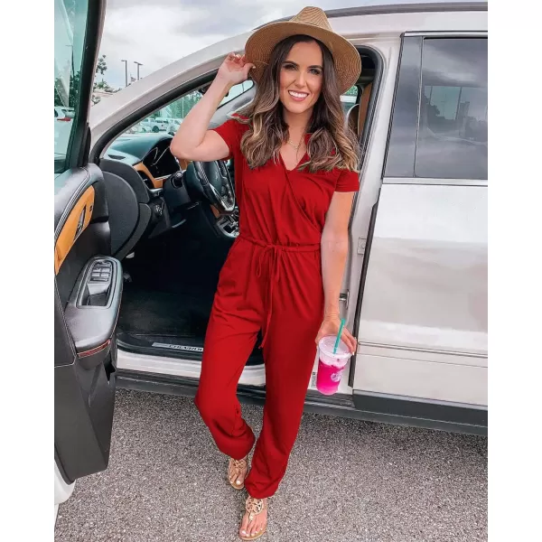 imagePRETTYGARDEN Womens Summer Casual Deep V Neck Short Sleeve Wrap Drawstring Waist Jumpsuit RomperRed