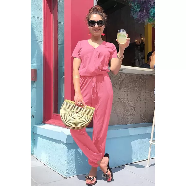 imagePRETTYGARDEN Womens Summer Casual Deep V Neck Short Sleeve Wrap Drawstring Waist Jumpsuit RomperRose Pink