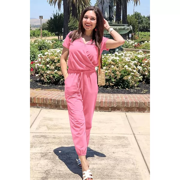 imagePRETTYGARDEN Womens Summer Casual Deep V Neck Short Sleeve Wrap Drawstring Waist Jumpsuit RomperRose Pink