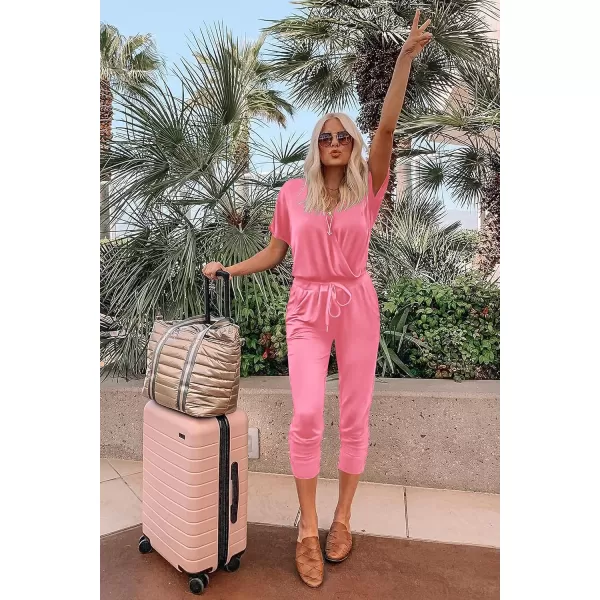 imagePRETTYGARDEN Womens Summer Casual Deep V Neck Short Sleeve Wrap Drawstring Waist Jumpsuit RomperRose Pink
