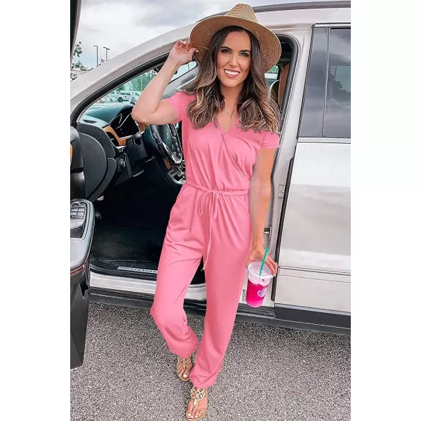 imagePRETTYGARDEN Womens Summer Casual Deep V Neck Short Sleeve Wrap Drawstring Waist Jumpsuit RomperRose Pink