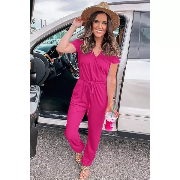 imagePRETTYGARDEN Womens Summer Casual Deep V Neck Short Sleeve Wrap Drawstring Waist Jumpsuit RomperRose Red