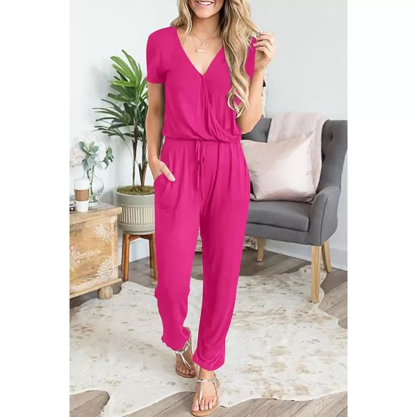 imagePRETTYGARDEN Womens Summer Casual Deep V Neck Short Sleeve Wrap Drawstring Waist Jumpsuit RomperRose Red
