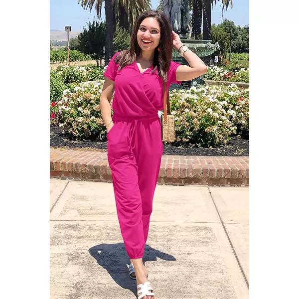 imagePRETTYGARDEN Womens Summer Casual Deep V Neck Short Sleeve Wrap Drawstring Waist Jumpsuit RomperRose Red