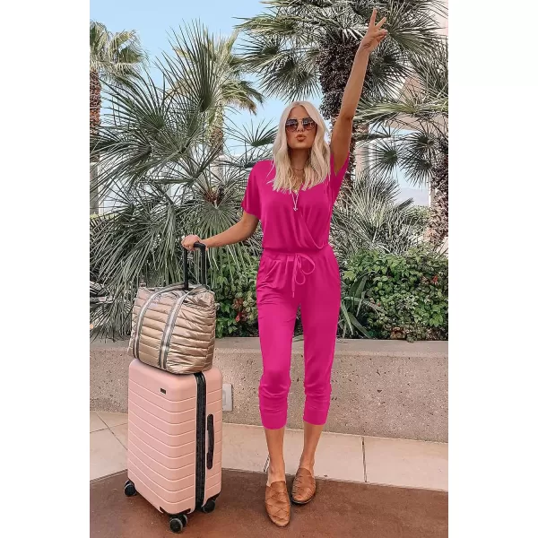 imagePRETTYGARDEN Womens Summer Casual Deep V Neck Short Sleeve Wrap Drawstring Waist Jumpsuit RomperRose Red