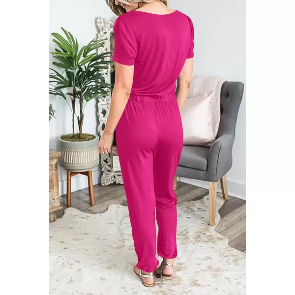 imagePRETTYGARDEN Womens Summer Casual Deep V Neck Short Sleeve Wrap Drawstring Waist Jumpsuit RomperRose Red