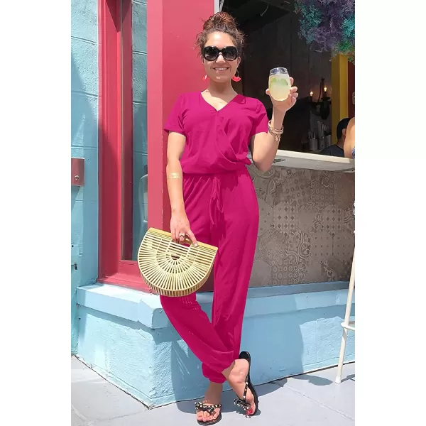 imagePRETTYGARDEN Womens Summer Casual Deep V Neck Short Sleeve Wrap Drawstring Waist Jumpsuit RomperRose Red