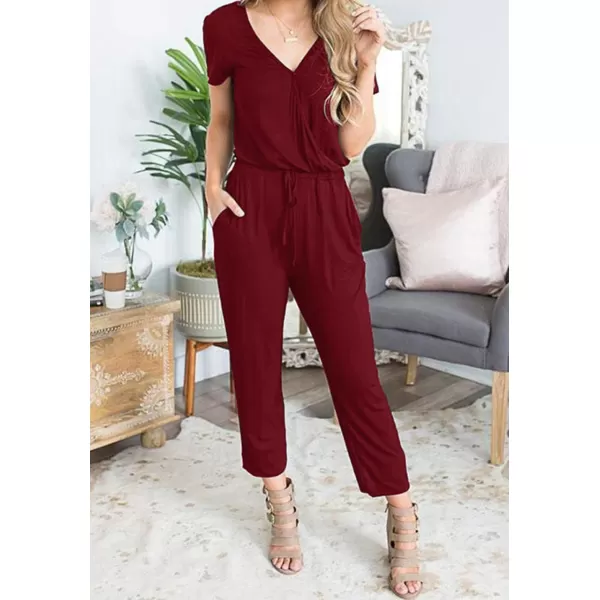 imagePRETTYGARDEN Womens Summer Casual Deep V Neck Short Sleeve Wrap Drawstring Waist Jumpsuit RomperWine Red
