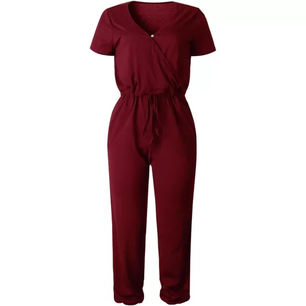 imagePRETTYGARDEN Womens Summer Casual Deep V Neck Short Sleeve Wrap Drawstring Waist Jumpsuit RomperWine Red