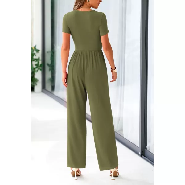 imagePRETTYGARDEN Womens Summer One Piece Jumpsuits Dressy Casual Short Sleeve Square Neck Wide Leg Jumpsuit RompersArmy Green