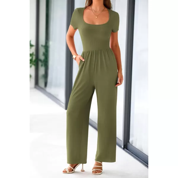 imagePRETTYGARDEN Womens Summer One Piece Jumpsuits Dressy Casual Short Sleeve Square Neck Wide Leg Jumpsuit RompersArmy Green