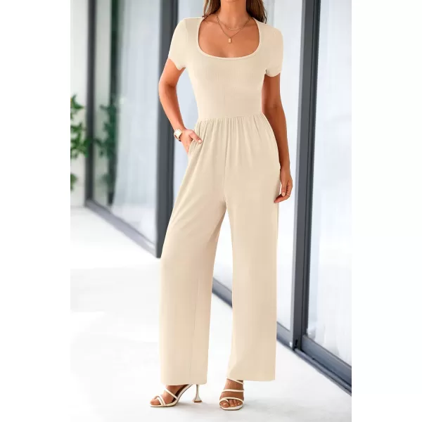 imagePRETTYGARDEN Womens Summer One Piece Jumpsuits Dressy Casual Short Sleeve Square Neck Wide Leg Jumpsuit RompersBeige