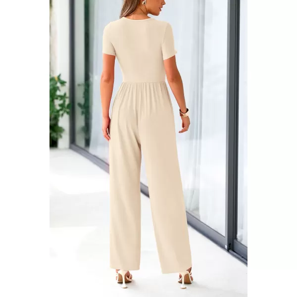 imagePRETTYGARDEN Womens Summer One Piece Jumpsuits Dressy Casual Short Sleeve Square Neck Wide Leg Jumpsuit RompersBeige