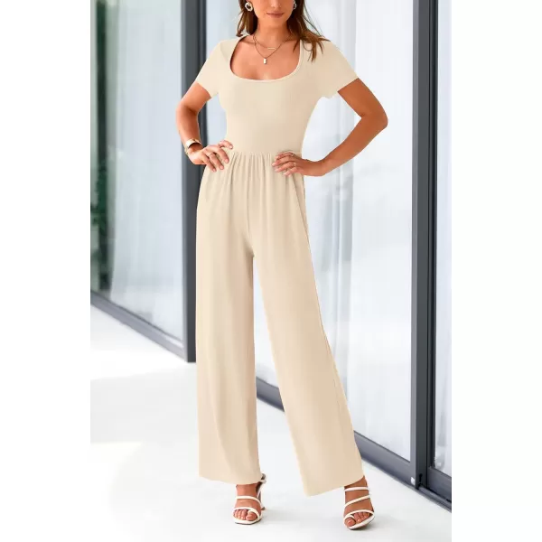 imagePRETTYGARDEN Womens Summer One Piece Jumpsuits Dressy Casual Short Sleeve Square Neck Wide Leg Jumpsuit RompersBeige