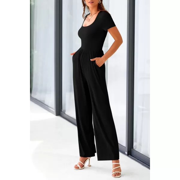 imagePRETTYGARDEN Womens Summer One Piece Jumpsuits Dressy Casual Short Sleeve Square Neck Wide Leg Jumpsuit RompersBlack
