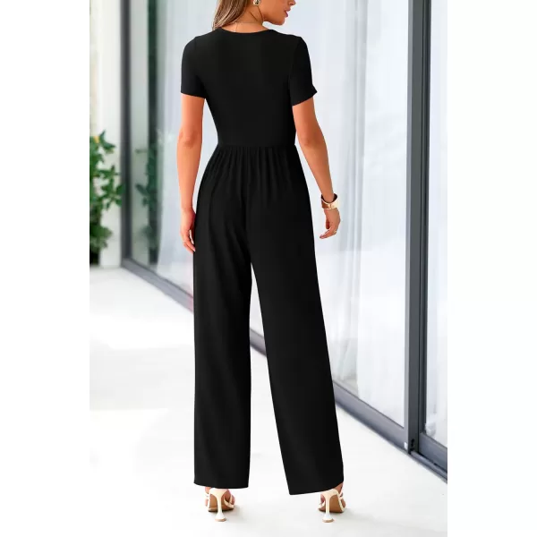 imagePRETTYGARDEN Womens Summer One Piece Jumpsuits Dressy Casual Short Sleeve Square Neck Wide Leg Jumpsuit RompersBlack