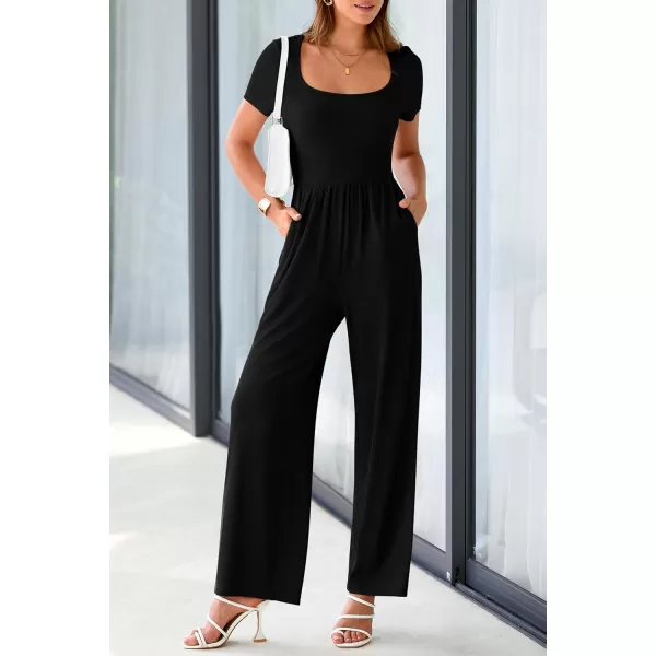 imagePRETTYGARDEN Womens Summer One Piece Jumpsuits Dressy Casual Short Sleeve Square Neck Wide Leg Jumpsuit RompersBlack