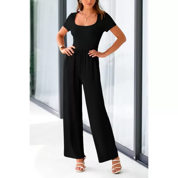 imagePRETTYGARDEN Womens Summer One Piece Jumpsuits Dressy Casual Short Sleeve Square Neck Wide Leg Jumpsuit RompersBlack
