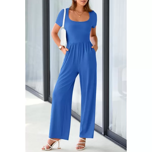 imagePRETTYGARDEN Womens Summer One Piece Jumpsuits Dressy Casual Short Sleeve Square Neck Wide Leg Jumpsuit RompersBlue