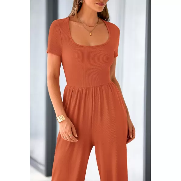 imagePRETTYGARDEN Womens Summer One Piece Jumpsuits Dressy Casual Short Sleeve Square Neck Wide Leg Jumpsuit RompersBrick Red