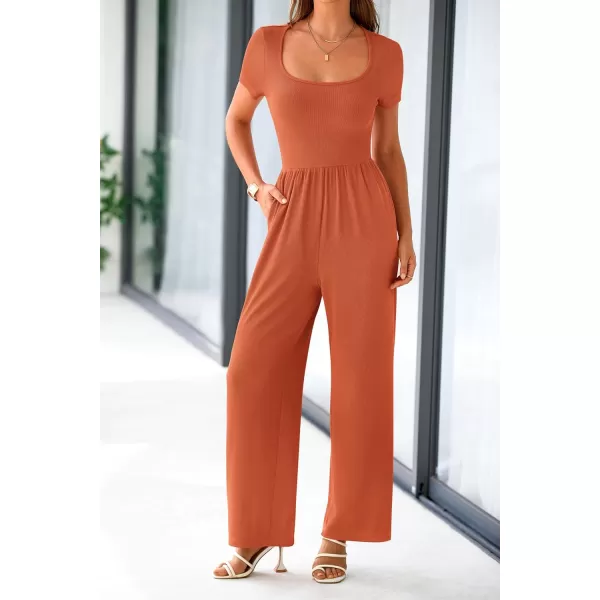 imagePRETTYGARDEN Womens Summer One Piece Jumpsuits Dressy Casual Short Sleeve Square Neck Wide Leg Jumpsuit RompersBrick Red